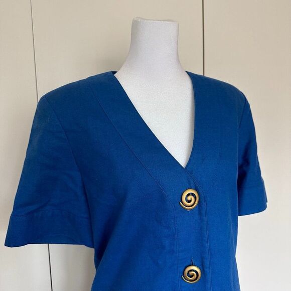 Vintage Button Front Midi Dress Size 10 Blue Statement Button Short Sleeve - Picture 3 of 9